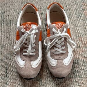 Tory Burch Retro Sneakers • Taupe/Orange • Size 8.5